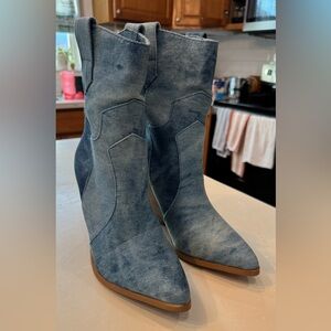 Mata Shoes Washed Denim Pointed-Toe Mid-Calf Heeled Boots - Blue